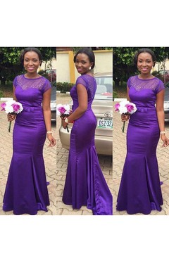 Trumpet Cap-sleeved Bow Beading Sweep Train Satin Dress