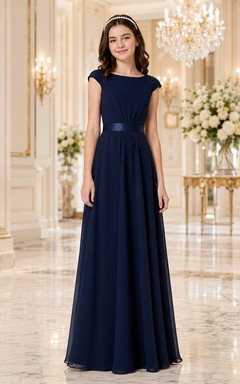 Dark Navy Junior Bridesmaid Dress A-Line Bateau Short Cap Sleeve Pleated Detail Elegant