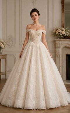 Off-the-Shoulder Lace Ball Gown Vintage Wedding Dress