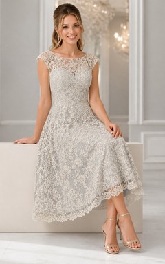 Tea-length Civil Modest Bateau Lace Cap Sleeve A-Line Wedding Dress