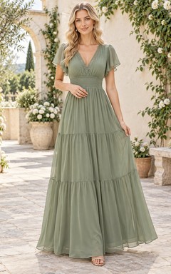 Vestido largo de dama de honor de gasa fruncida con escote en V, mangas con volantes y estilo bohemio, color verde salvia.
