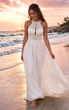 Strandkleid im Boho-Stil mit Neckholder, hohem Kragen, Schlüssellochausschnitt und A-Linie – das perfekte Brautkleid für Ihre Hochzeit im Ausland