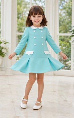 A-Line 1960s Mod Flower Girl Dress with Long T-Shirt Sleeves, Button Detail, Knee-Length Skirt, Clean Waist, 1960s Mod Style
