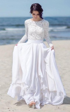 Vestido de novia de gasa, satén, encaje, botones y cremallera