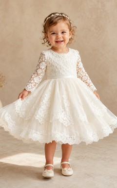 Long Sleeve Christening Dress A-Line Lace Tulle High Neck Scalloped Hem