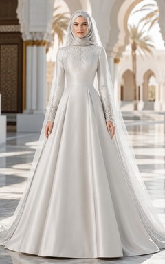 Vestido de novia musulmán modesto de satén con cuello alto y manga larga, corte en A