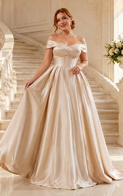 Luxury Champagne Satin Ball Gown Floor-Length Off-Shoulder Short Sleeve Formal Dress