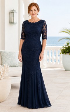 Marineblaues Meerjungfrauen-Kleid aus Spitze mit Dreiviertelärmeln