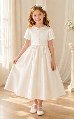 Vestido de satén para niña de las flores con cuello Peter Pan y botones delanteros para la Primera Comunión