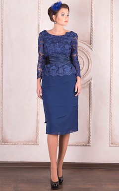Vestido de encaje de manga larga con apliques y escote redondo hasta la rodilla para la madre de la novia
