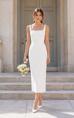 Robe de mariée vintage en satin, fourreau, col carré, sans manches, longueur thé