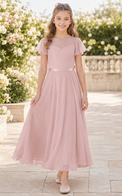 Rosafarbenes Brautjungfernkleid, A-Linie, herzförmiger Ausschnitt, hoher Kragen, kurze Blütenblattärmel, Teelänge, Chiffon, schlicht