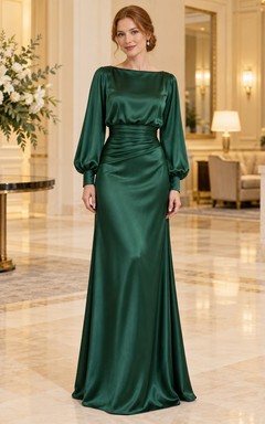 Vestido de noche formal de satén esmeralda, estilo barco, con mangas largas de obispo y cintura fruncida, largo hasta el suelo.