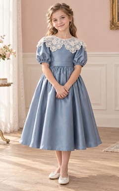 Vintage Modest Tea-length Blue Scalloped Collar Puff Sleeve Satin Flower Girl Dress