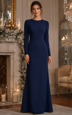 Dark Navy Jewel Neck Long Sleeve Sheath Bridesmaid Dress