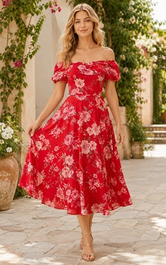 Red Floral Off Shoulder Short Sleeve Midi Dress