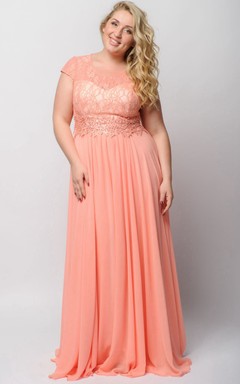 Vestido Imperio Bateau de manga corta con apliques de gasa estilo ilusión