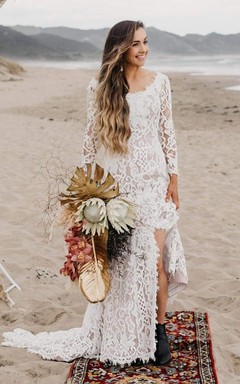 Boho Beach Lace Long Sleeve Gypsy Hippie Wedding Dress