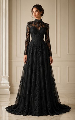Black High Neck Long Sleeve Lace A-Line Wedding Dress