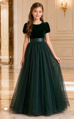 Ball Gown Tulle Velvet Puff Sleeve Dark Green Flower Girl Dress