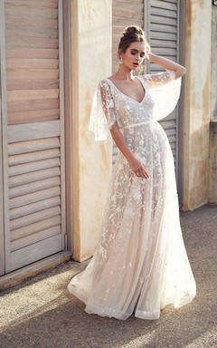 White V-Neck Lace Wedding Dress