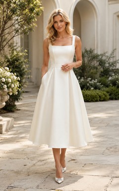 Vintage Brautkleid aus Satin, A-Linie, eckiger Ausschnitt, ärmellos, wadenlang