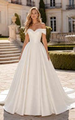 Robe de mariée en satin et tulle, robe de bal, épaules dénudées, traîne, dos nu en V