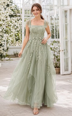 Luxury Sage Square Neck Cap Floral Applique Tulle A Line Guest Gown
