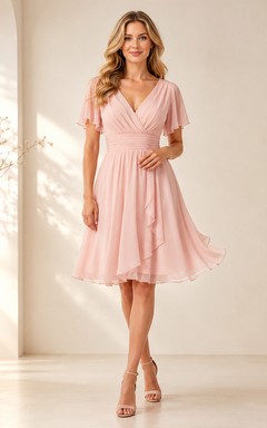 Blush Flutter Sleeve Chiffon V-neck Cocktail Dress