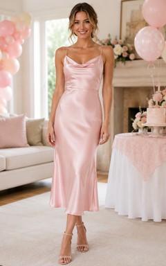 Blush Satin Cowl Neck Sleeveless Birthday Party Dress