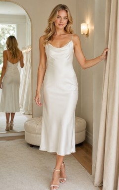 Robe midi nuisette à bretelles spaghetti et col bénitier, idéale pour un rendez-vous de mariée
