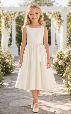 Blumenmädchenkleid aus elfenbeinfarbenem Chiffon und Tüll, A-Linie, Rundhalsausschnitt, Teelänge, plissiert