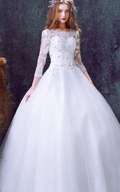 Romantic Tulle Lace Beadings Wedding Dress 3-4-Long Sleeve Princess