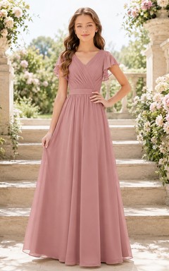 Elegantes Brautjungfernkleid in Altrosa, A-Linie, V-Ausschnitt, kurze Ärmel, plissiert