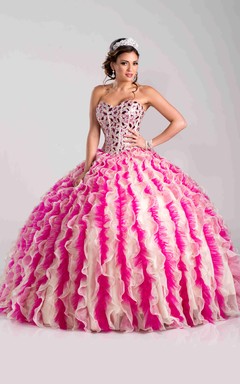 Ballkleid aus Organza und Tüll mit Rüschen und Strasssteinen
