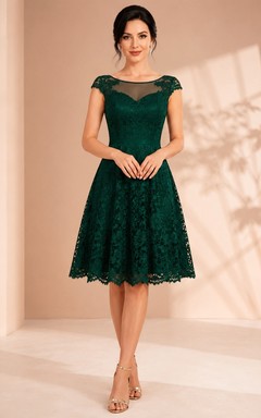 Dark Green Lace Cap Sleeve A-Line Knee Length Cocktail Dress