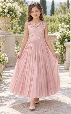 Vestido de niña de flores plisado, sin mangas, de gasa, con estampado floral rosa discreto y corte en A.