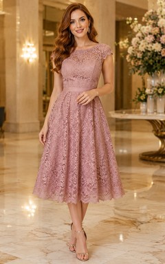 Dusty Rose Bateau Lace Wedding Guest Cocktail Dress