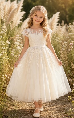 Blumenmädchenkleid aus elfenbeinfarbener Spitze und Tüll, A-Linie, kurze Ärmel, Rundhalsausschnitt, Teelänge, Schärpendetails