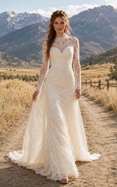 Robe de mariée champêtre en dentelle, coupe trapèze, col en V, manches longues, traîne chapelle