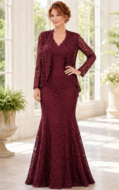 Wine Lace Floor-Length Mermaid Luxury Mother of the Bride Gown with V-Neck Long Sleeve Jacket and Sweep Train