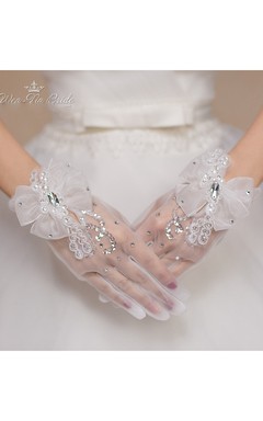 Gants courts blancs à nœud en gaze de cristal