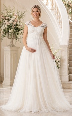 Maternity Lace Cap Sleeve Pleated A-Line Floor-length Wedding Gown