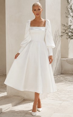 Square Neck Three-Quarter Sleeve Satin A-Line Tea-Length Wedding Dress