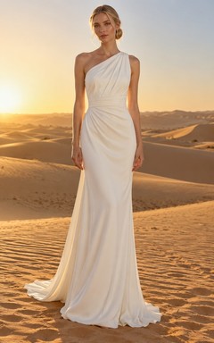Vestido de novia sencillo de gasa plisada de un solo hombro con cola.