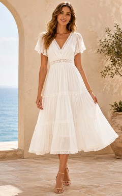 Vestido bohemio blanco de largo midi con escote en V y mangas con volantes.