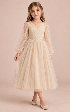 Long Sleeve Champagne V-neck Pleated A-Line Tea-length Tulle Pearl Waist Illusion Flowergirl Dress
