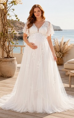 Maternity V-Neck Cap Sleeve Floral Lace Empire A-Line Chapel Train Beach Wedding Dress