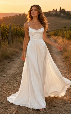 Flowing Cowl V-Neck Chiffon Vineyard Elopement Bridal Gown