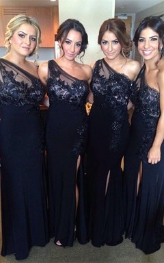 Modern One Shoulder Lace Jersey Blue Bridesmaid Dress Front Split